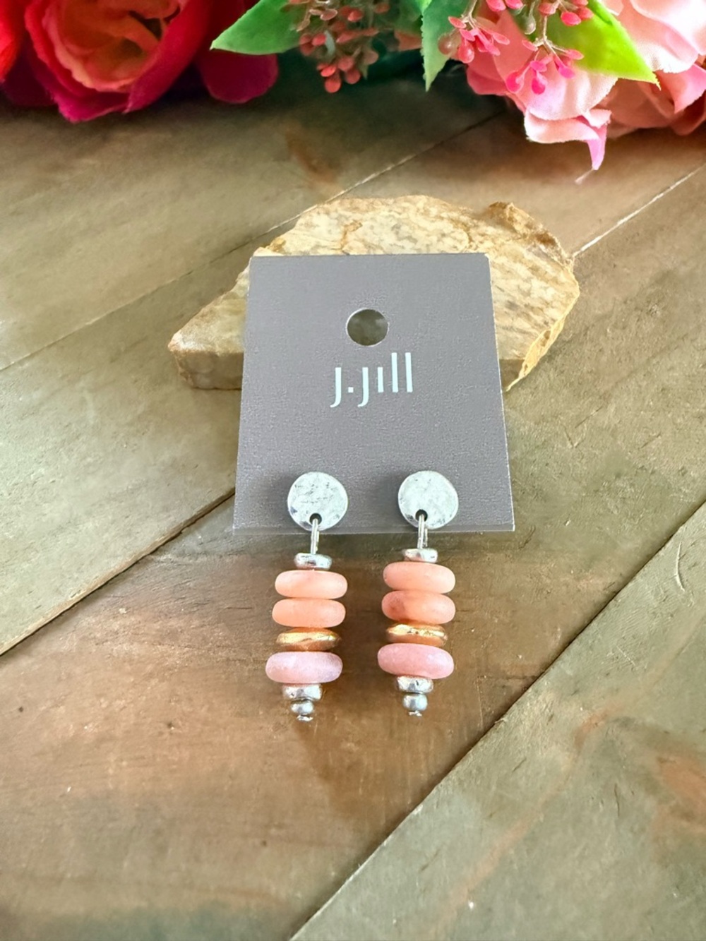 J. Jill Pink Stone Beaded Drop Earrings Silver Disc Dangle Boho Minimalist